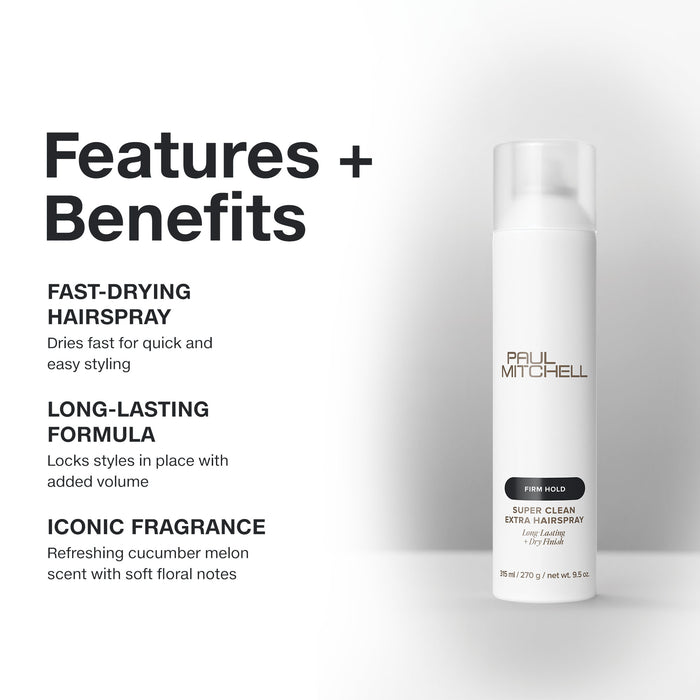 Paul Mitchell Super Clean Extra Hairspray: quick-drying hairspray adds volume, humidity-resistance and shine with a cucumber melon scent.
