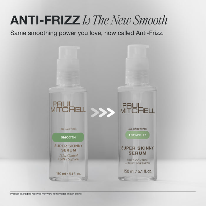 The same smoothing power you love, now called Anti-Frizz on Paul Mitchell Super Skinny Serum packaging.