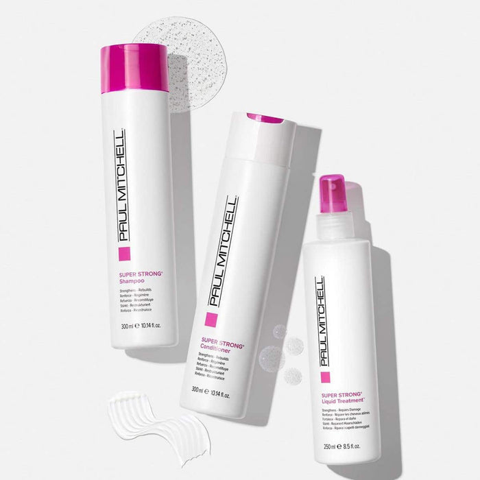 Artistic image of Paul Mitchell Super Strong Collection with smears around the bottles