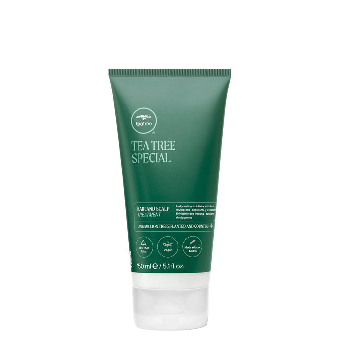 A tube of Tea Tree Hair and Scalp Treatment on a white background