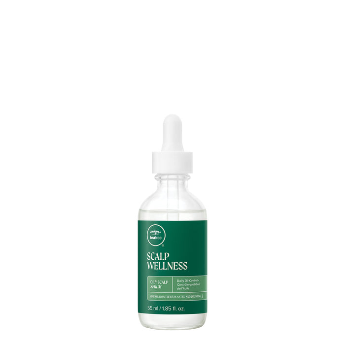 A bottle of Tea Tree Scalp Wellness Oily Scalp Serum with a dropper with a white background