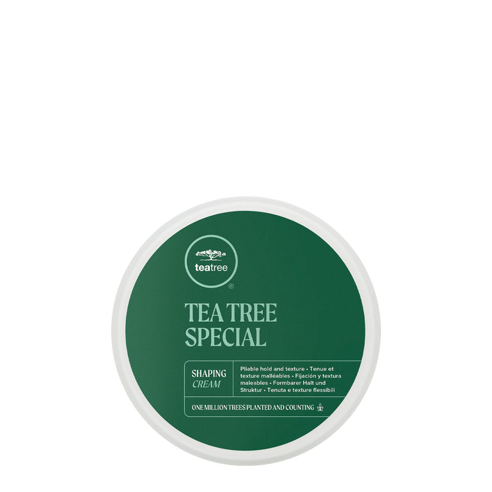 A container of Tea Tree Special Haping Cream on a white background