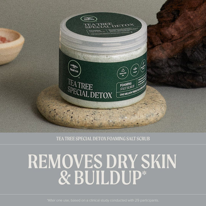 Tea Tree Special Detox Foaming Salt Scrub infographic, image includes an artistic setting