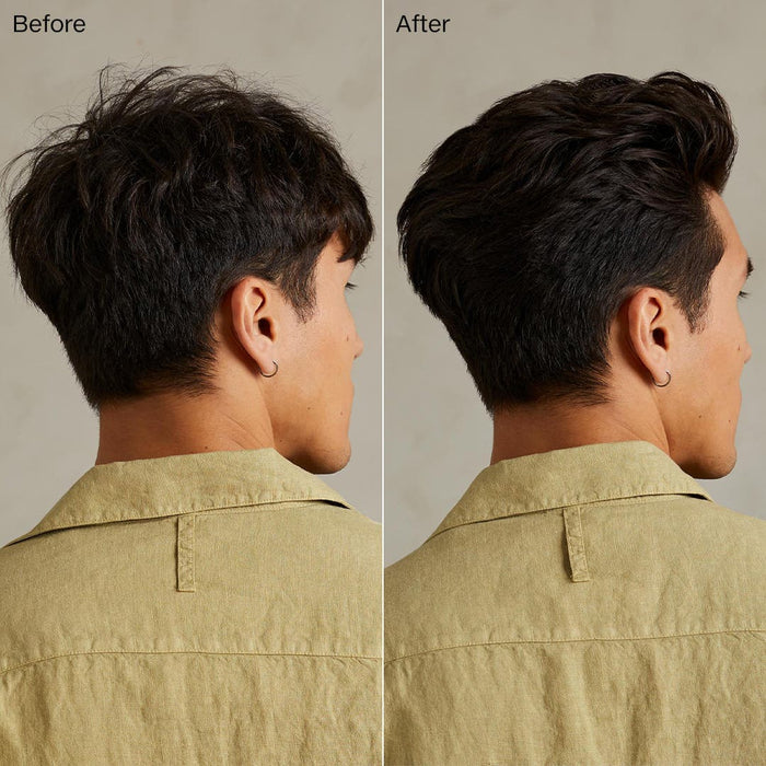 Before and after images of male with dark hair