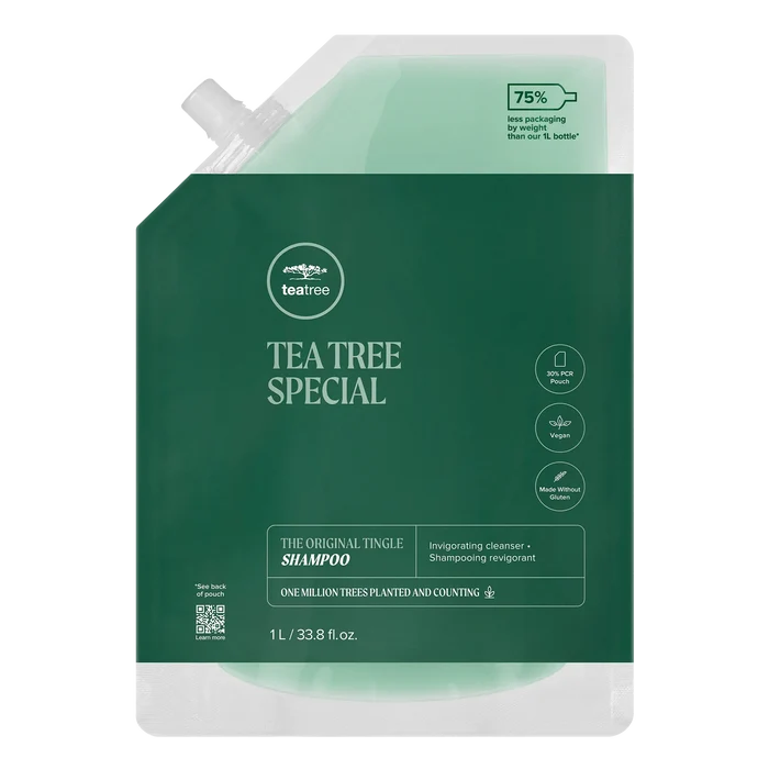 Tea Tree Special shampoo in a 1L green and white refill pouch, on a plain white background.