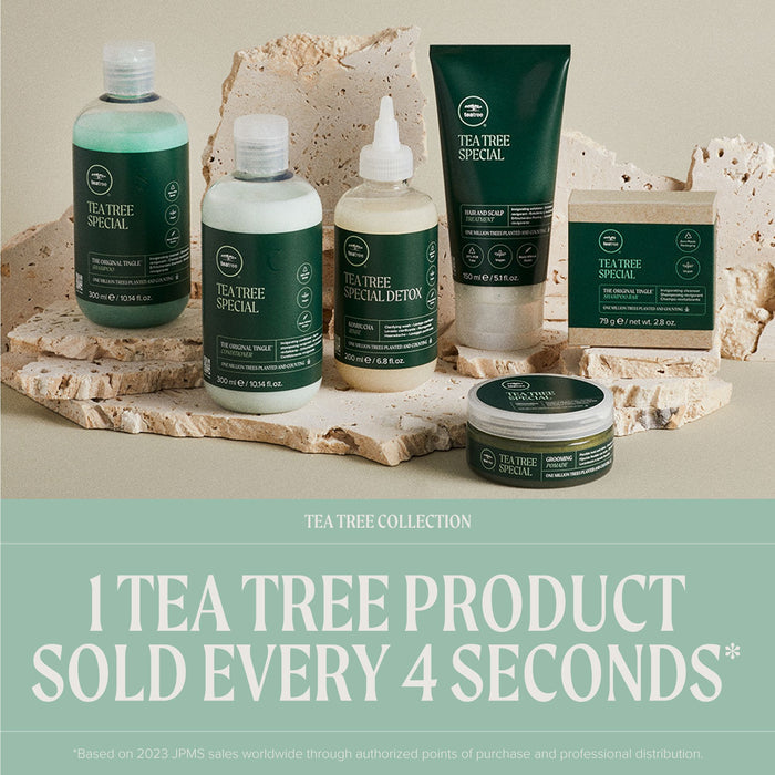 Tea Tree Special collection in a artistic setting with a claim beneath it