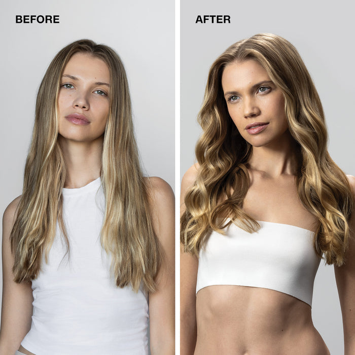 before/after image of a woman with long, blonde hair