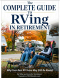 Book cover for 'The Complete Guide to RVing in Retirement' by Mike and Jennifer Wendland, featuring a lifestyle photo of two people sitting in folding chairs around an RV at an autumn campground.