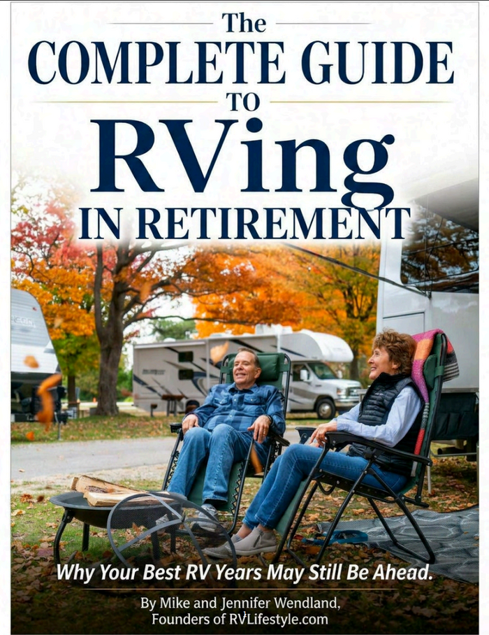 Book cover for 'The Complete Guide to RVing in Retirement' by Mike and Jennifer Wendland, featuring a lifestyle photo of two people sitting in folding chairs around an RV at an autumn campground.