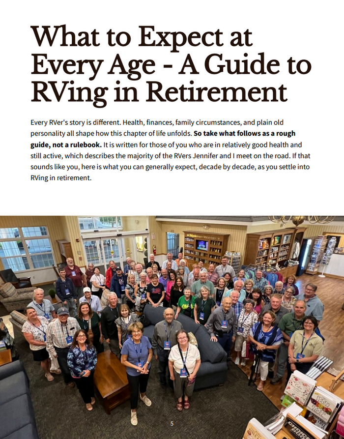 An informational page with the headline 'What to Expect at Every Age - A Guide to RVing in Retirement' above a large group photo of retirees gathered in a library or study.