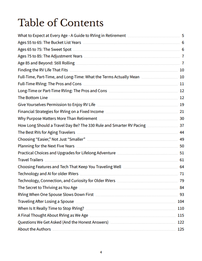 The table of contents page from the Complete Guide to RVing in Retirement, showing chapter and article titles with page numbers on a white background.