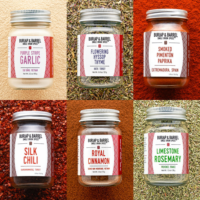 Grid of Various jars on multi-colored, textured background