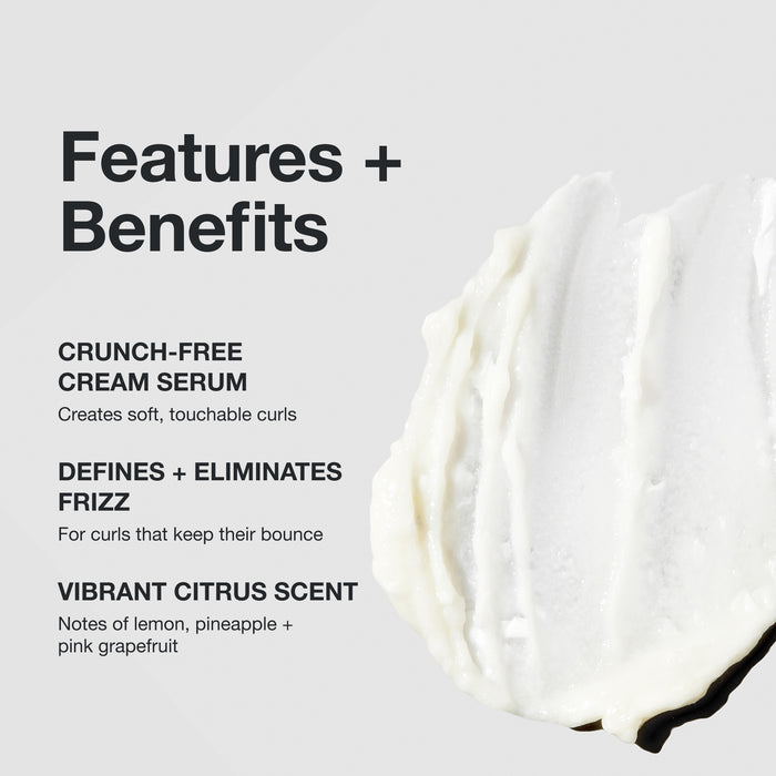 Features and benefits smear infographic of Paul Mitchell Twirl Around Cream Serum