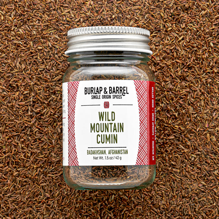 Glass jar of wild mountain cumin from Burlap & Barrel with a metal lid on a background of loose cumin seeds.