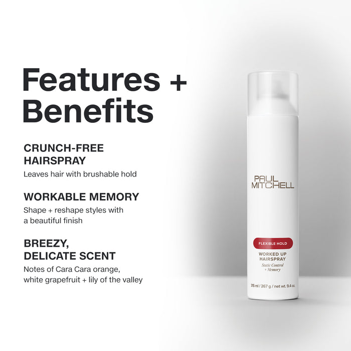 Paul Mitchell Worked Up Hairspray: crunch-free hairspray shapes and reshapes hair with a breezy, delicate scent.